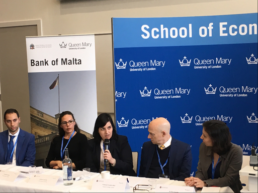 Ms Rita Schembri, Central Bank of Malta, intervening during the session. (left to right) Mr Brian Camilleri, Malta Enterprise, Dr Kalina Koleva, Central Bank of Malta, Professor Franklin Allen, Imperial College London and Dr Elise Gourier, Queen Mary University of London.
